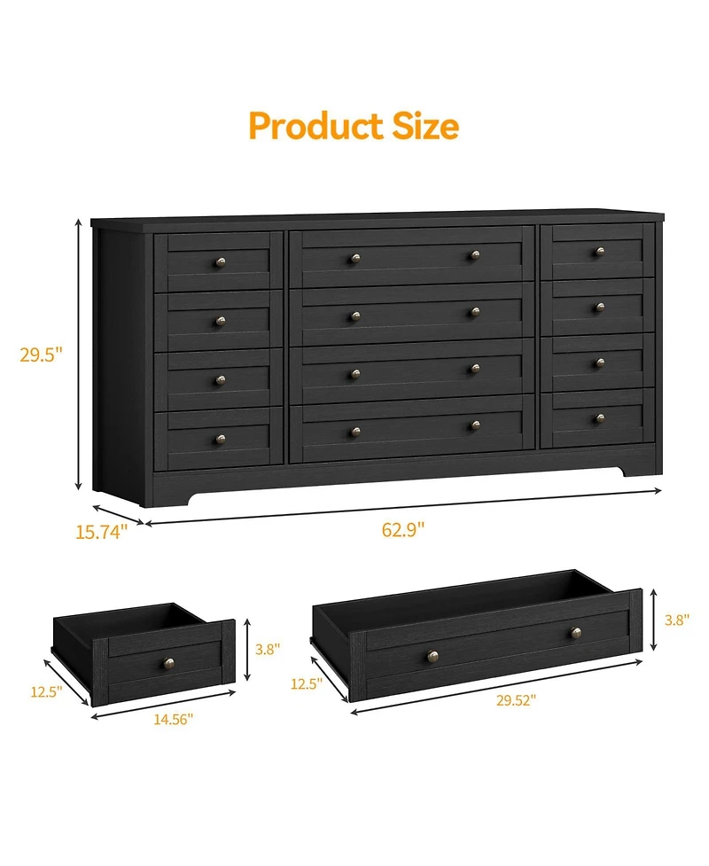homfan Modern 12-Drawer Sturdy Wood Dresser for Bedroom, 63" Wide Chest of Drawers and Tv Stand, Deep Storage Cabinet, Ideal for Living Room, Hallway