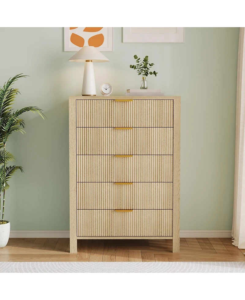 homfan Fluted Front Chest of Drawers, Multi-Drawer Wooden Storage Cabinet with Metallic Pull Handles, Freestanding Accent Organizer