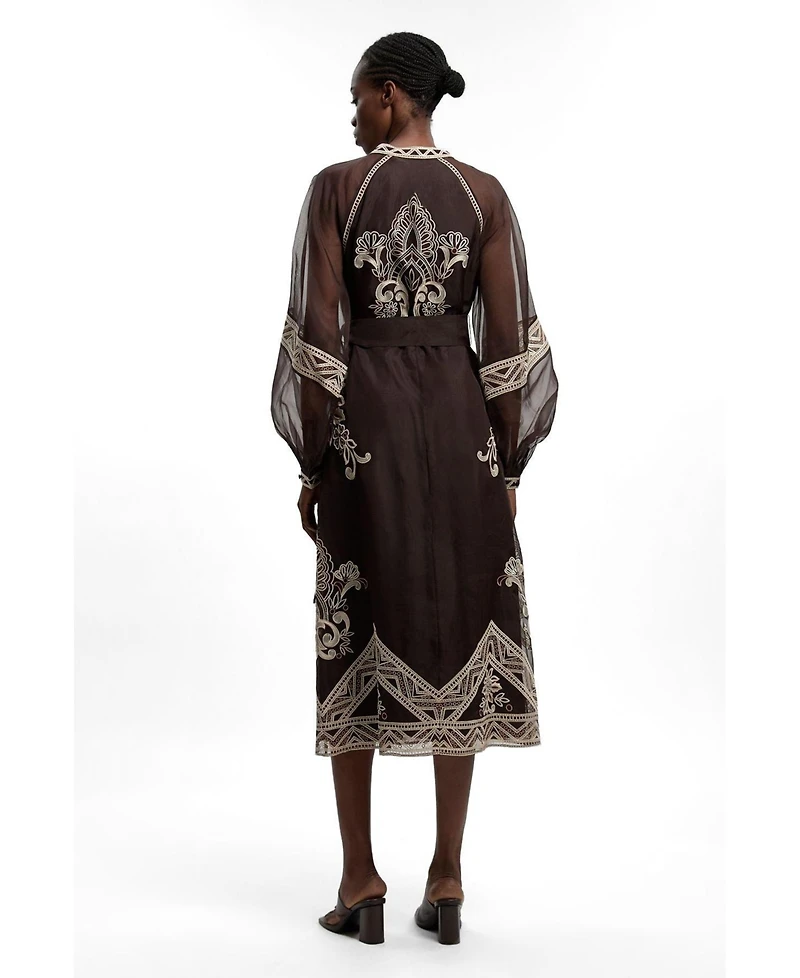 Karen Millen Women's Embroidered Mandarin Collar Midi Dress
