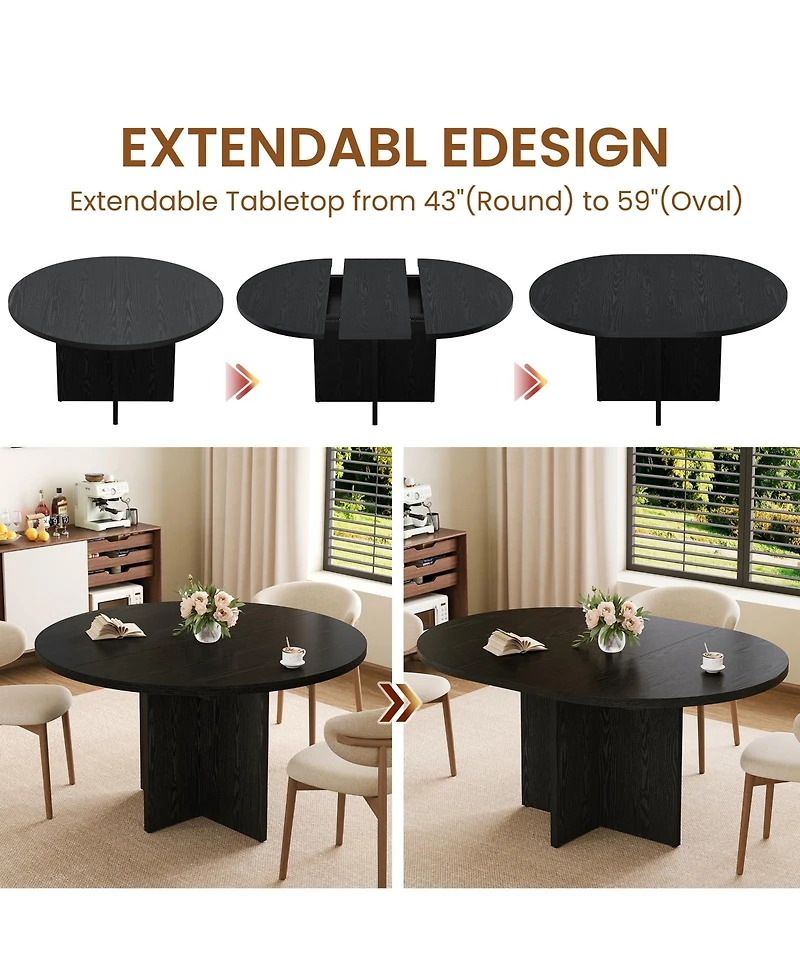 homfan Extendable Round Dining Table, Space Saving Modern Kitchen Table with Removable Extension Leaf and Cross Wood Base, for Room
