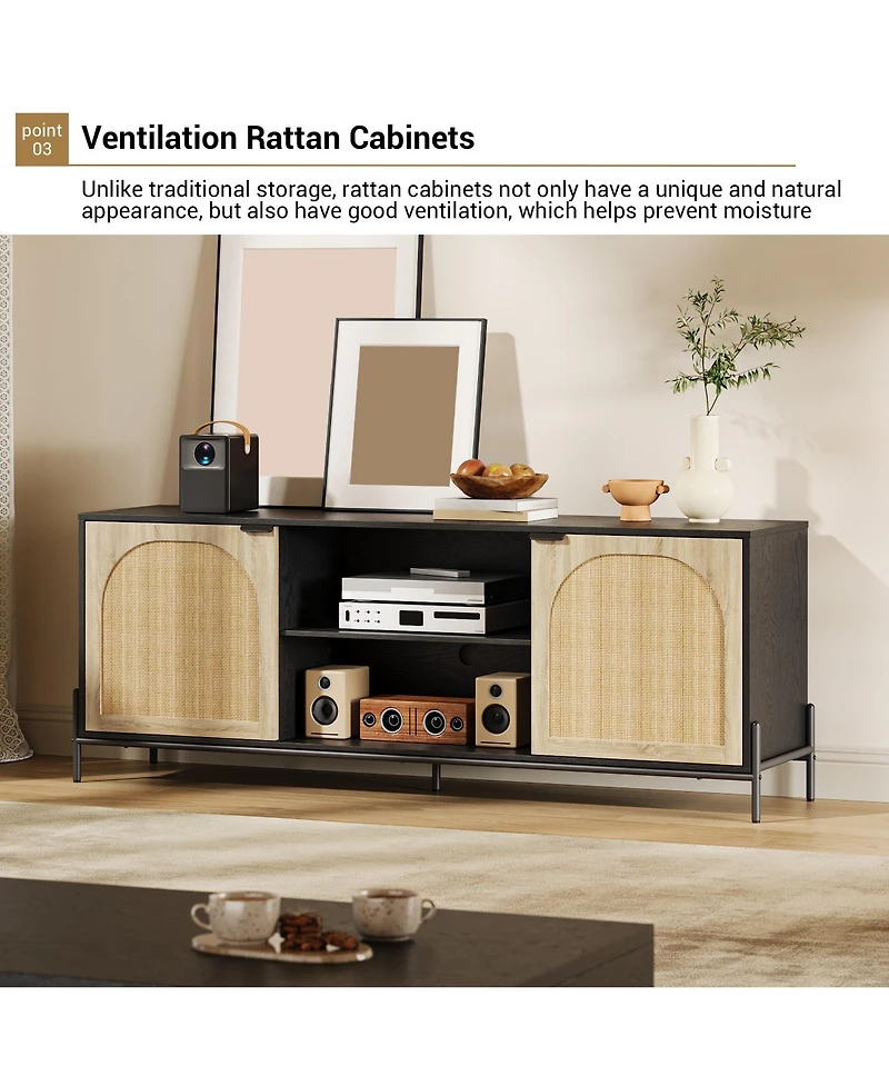 homfan Rattan Door Tv Stand Media Console with Adjustable Shelving Open Storage and Cable Management Stable Leveling Feet, Modern Entertainment Center