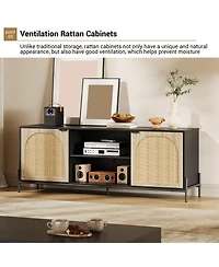 homfan Rattan Door Tv Stand Media Console with Adjustable Shelving Open Storage and Cable Management Stable Leveling Feet, Modern Entertainment Center