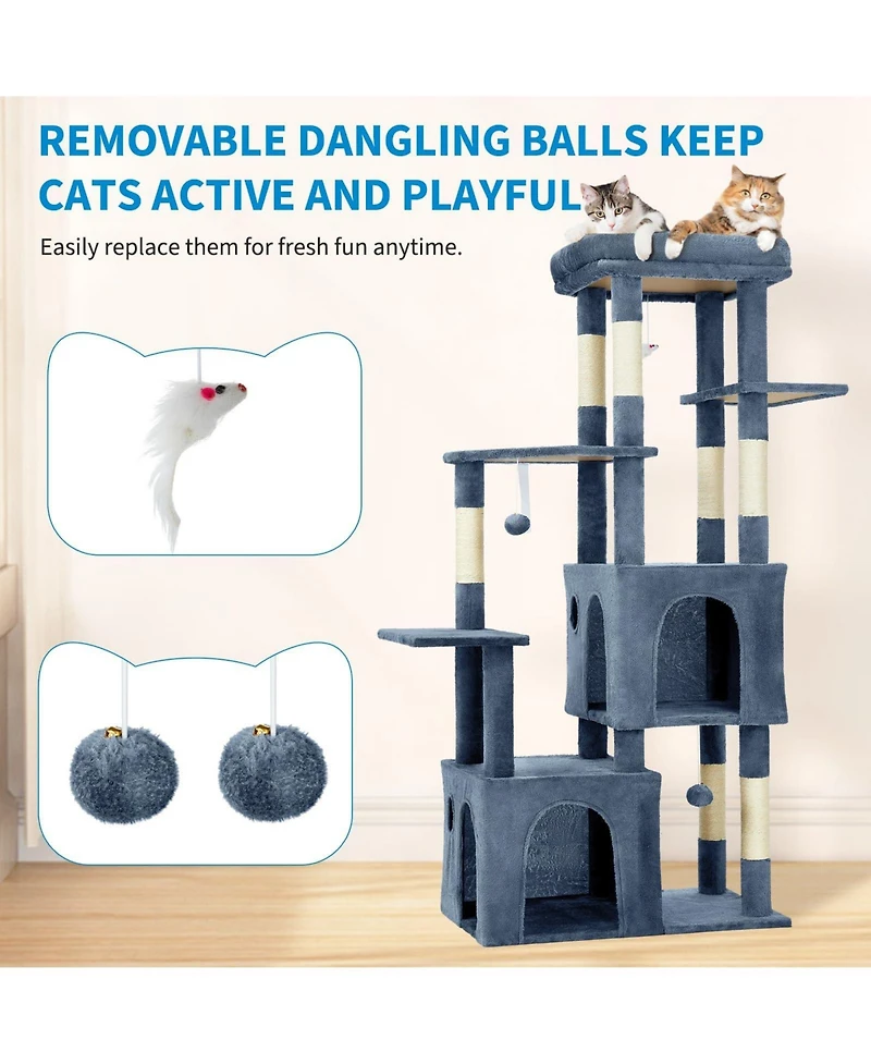 homfan 61'' Cat Tree for Large Cats, Heavy-Duty Tower with Perch and 2 Condos, Multi-Level Furniture Maine Coon, Sisal Scratching Posts & Toys