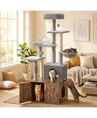 homfan Cat Tree with Litter Box Enclosure Large, Multilevel Play House Condo, Spacious Hammock, Cozy Top Perch, Scratching Post & Balls