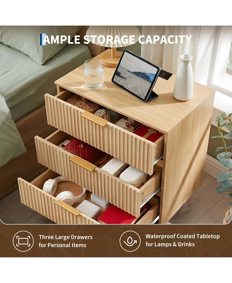 homfan Modern Fluted Bedside Table with Usb and Power Outlets, Wave Textured 3-Drawer Wooden Bedside Cabinet, Compact Dresser for Bedroom, Living Room