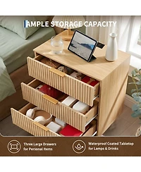 homfan Modern Fluted Bedside Table with Usb and Power Outlets, Wave Textured 3-Drawer Wooden Bedside Cabinet, Compact Dresser for Bedroom, Living Room