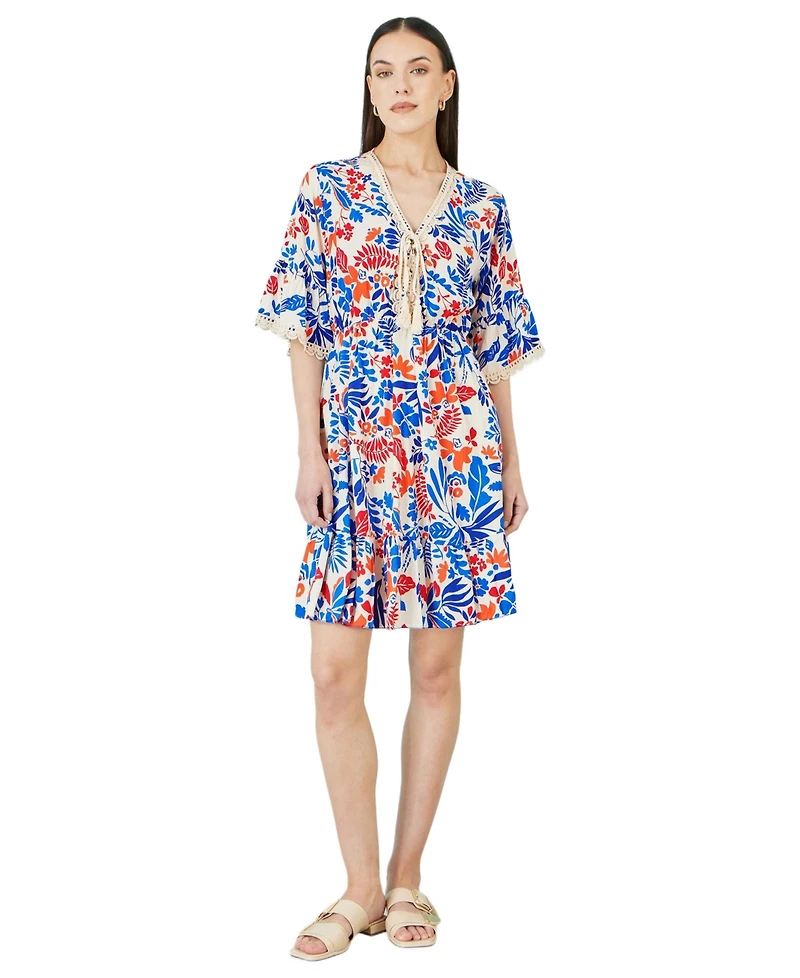 Yumi Women's Leaf Print Kimono Sleeve Tunic Dress