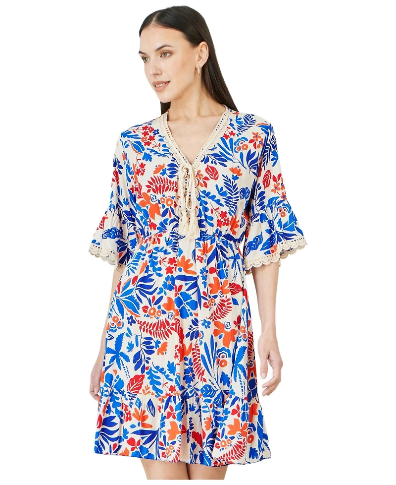 Yumi Women's Leaf Print Kimono Sleeve Tunic Dress