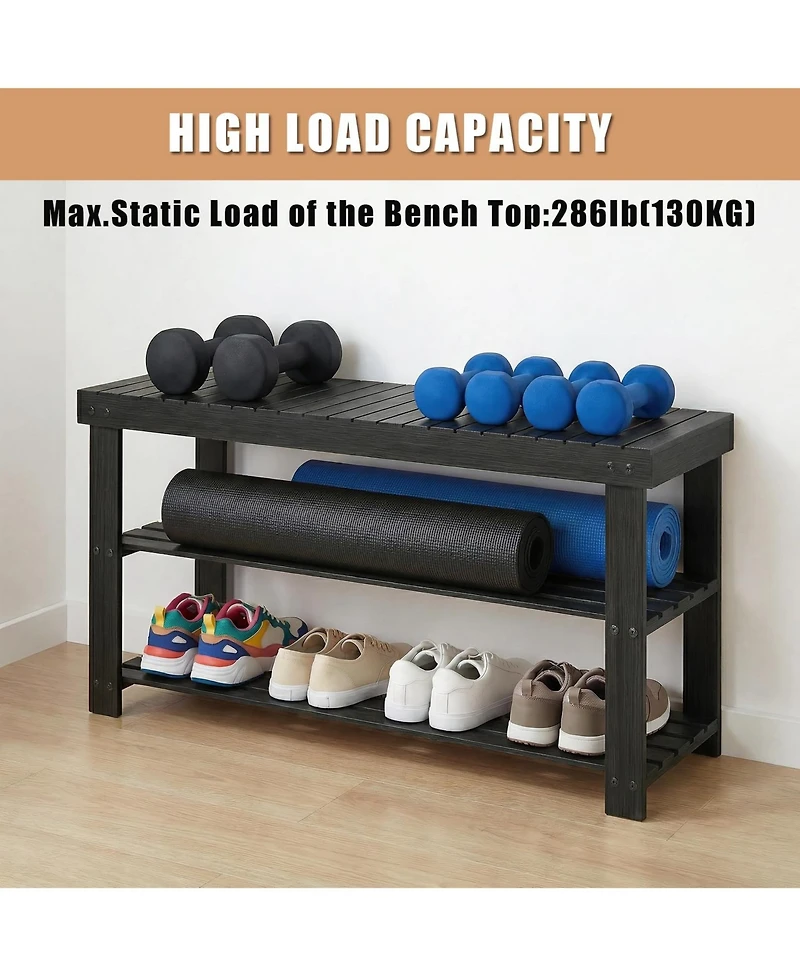 homfan 3-Tier Natural Bamboo Shoe Bench, Heavy Duty 3-in-1 Entryway Storage Organizer for Home Hallway