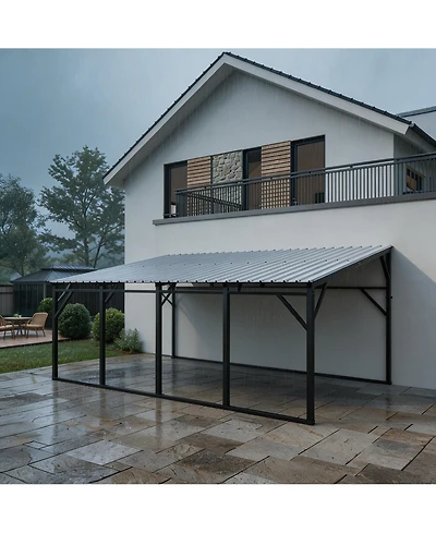 homfan 12 x 20 Ft Iron High-Low Carport Canopy with Steel Roof, Heavy Duty Outdoor Vehicle Shelter for Cars Trucks