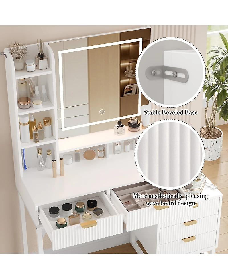 40.5"W Wave Board Dressing Table with Engineered Wood Top and Metal Frame, Makeup Vanity Table for Bedroom Vanity Space, White/Gold