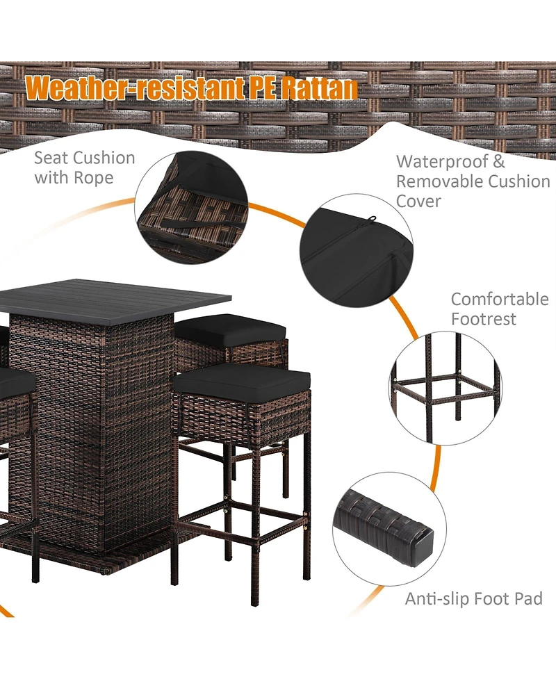 Gymax 5 Piece Patio Rattan Bar Table Stool Set Hidden Storage Shelf Cushion Patio