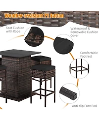 Gymax 5 Piece Patio Rattan Bar Table Stool Set Hidden Storage Shelf Cushion Patio