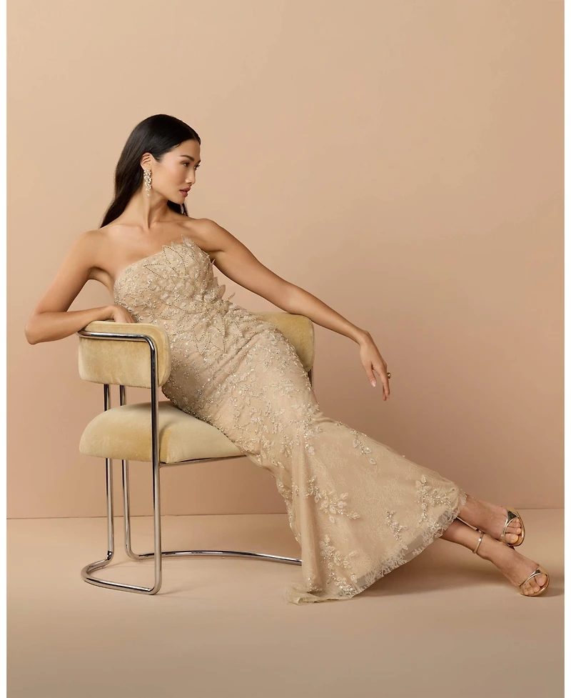 Mac Duggal Petite Beaded Mermaid Gown with 3D Flowers