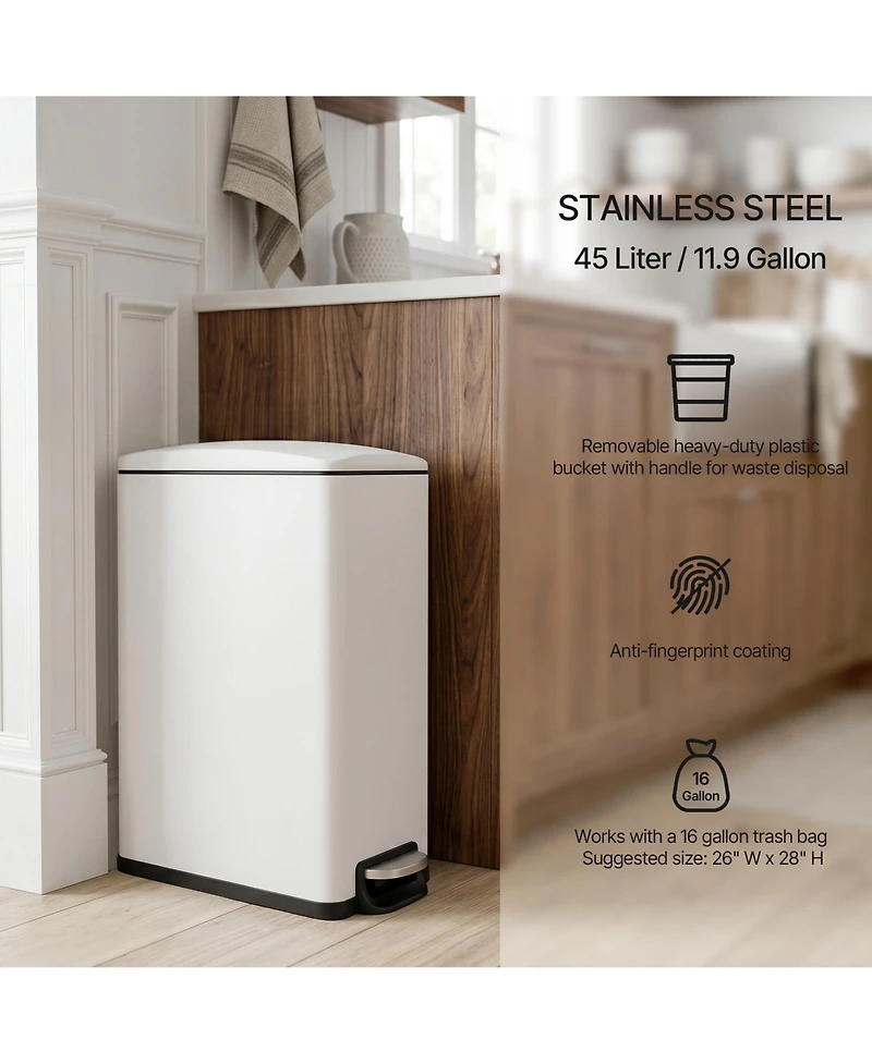 Mega Casa 12 Gal/45 Liter Slim Stainless Steel Step-on Kitchen Trash Can, Hands-Free Foot Pedal, Soft-Close Lid, for Home Office