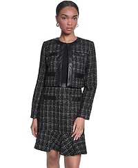 Karl Lagerfeld Paris Women's Metallic Tweed Jacket with Faux Leather Trim