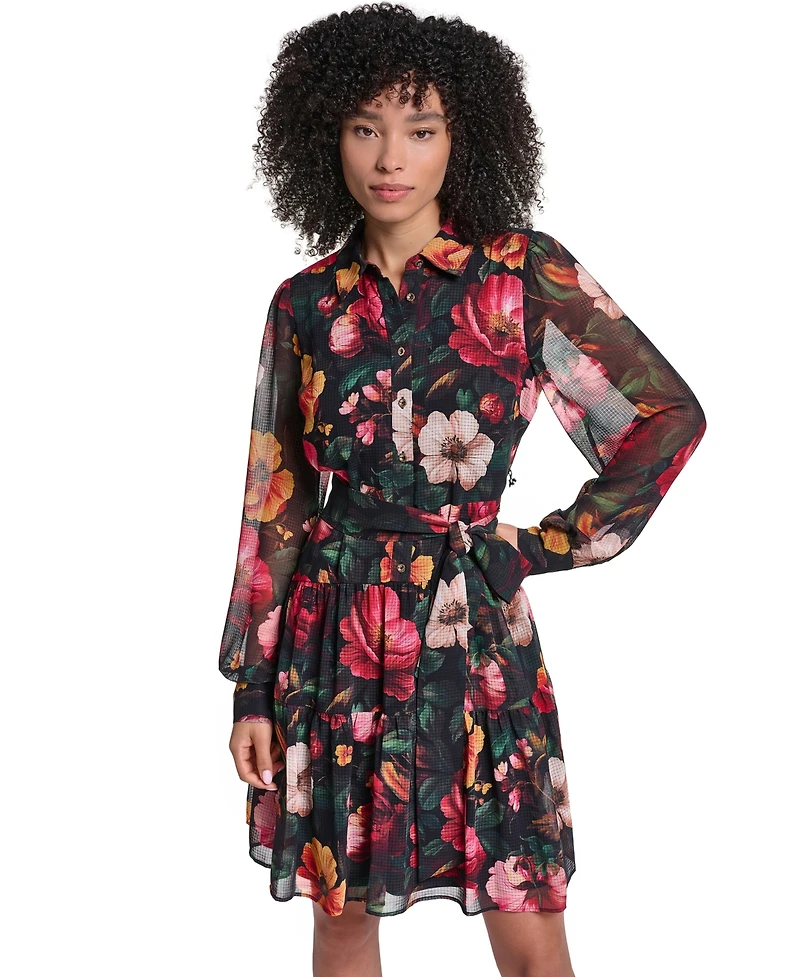 Karl Lagerfeld Paris Women's Printed Grid Chiffon Shirtdress