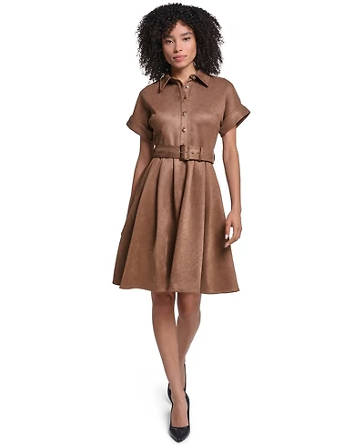 Karl Lagerfeld Paris Women's Faux Suede Belted Shirtdress