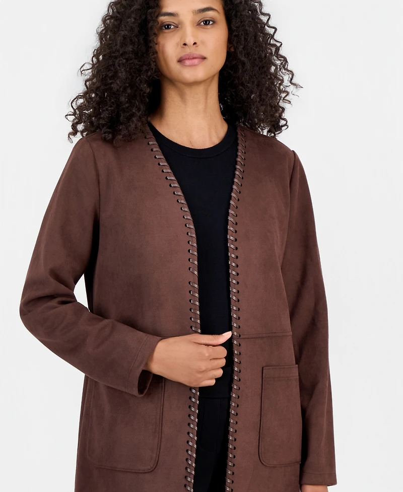 T Tahari Women's Open-Front Faux-Leather Whipstitch Cardigan