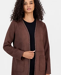 T Tahari Women's Open-Front Faux-Leather Whipstitch Cardigan