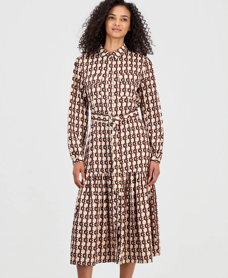 T Tahari Women's Long-Sleeve Button-Down Peplum Midi Dress