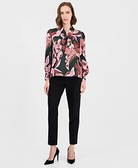 T Tahari Women's Long-Sleeve V-Neck Bow Tie Floral-Print Blouse