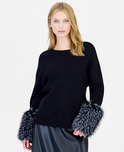 T Tahari Women's Long-Sleeve Crewneck Faux-Fur Trim Pullover