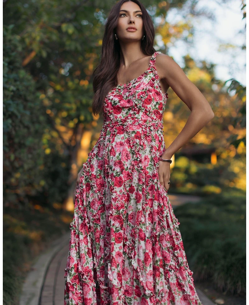Mac Duggal Women's Petite Floral Cotton Ruffle Square Neck Ankle Dress