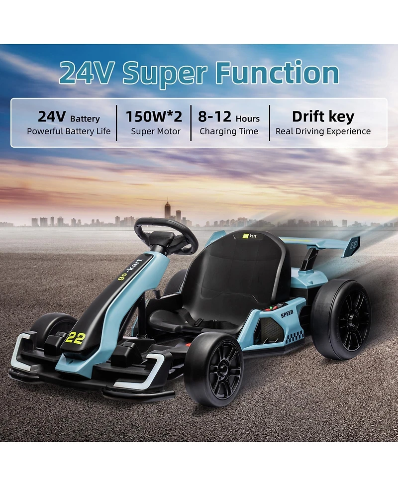 homfan 24V Go Kart, Dual 150W/300W Motors, Adjustable Seat, Drift and Sport Modes, Big Battery, Eva Tires, Led Lights, Up to 8mph
