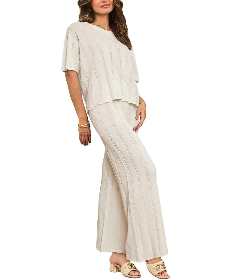 Cupshe Women's Ribbed Knit Short Sleeve Top and Wide Leg Pants Matching Set