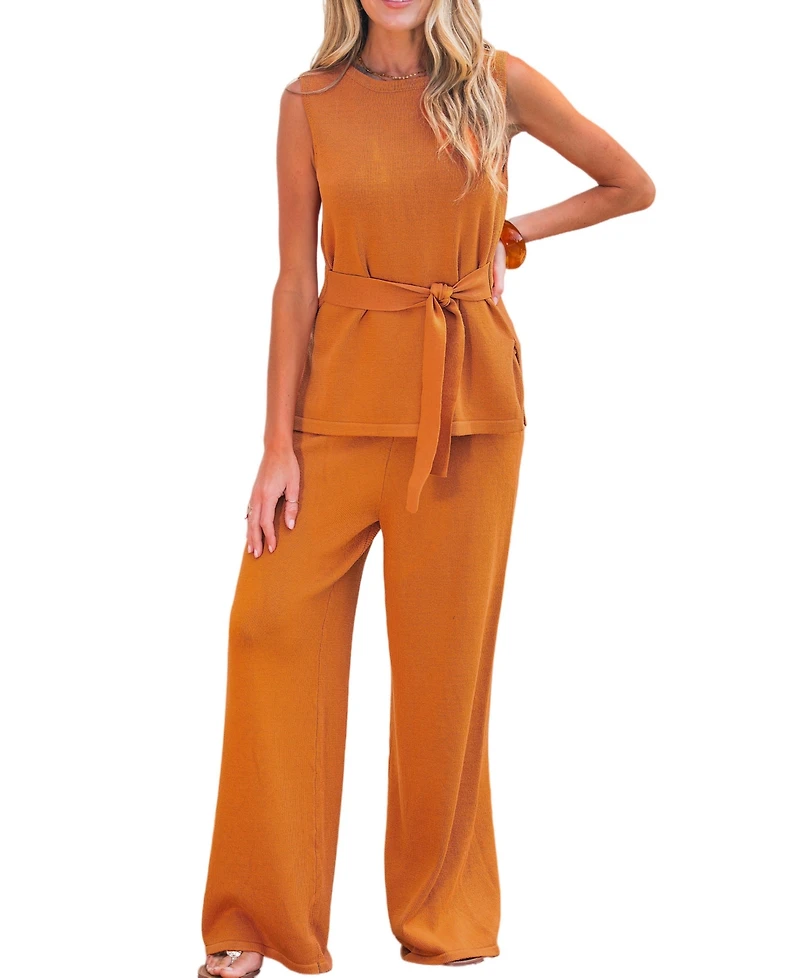 Cupshe Women's Ribbed Knit Belted Tank Top and Wide Leg Pants Matching Set