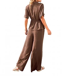 Cupshe Women's Drawstring Waist Button-Down Top and Wide Leg Pants Matching Set