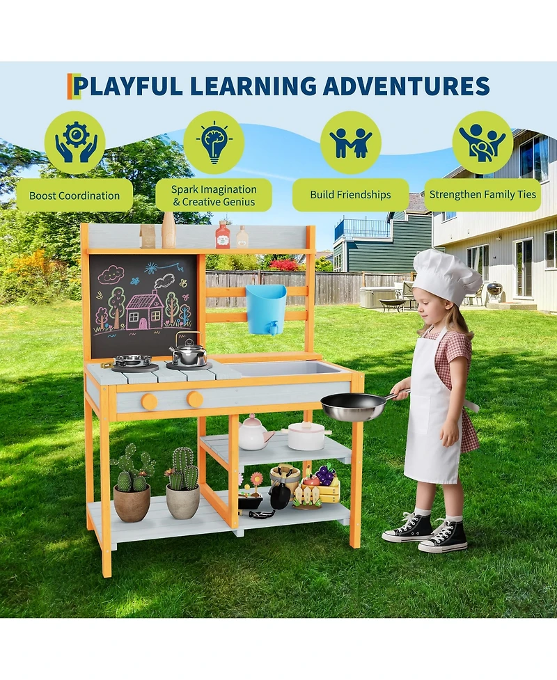 homfan 28.7 x 16.1 x 36.2 Inch Outdoor Kids Play Kitchen, Fir Wood Pretend Cooking Toy Set for Backyard Garden, Ages 3-8