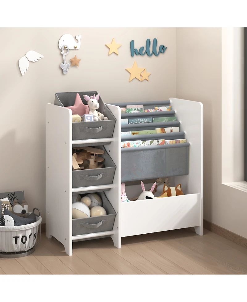 flynama 4-Tier Kids Bookshelf With 3 Collapsible Fabric Drawers Multi-Functional Toy Book Storage Organizer