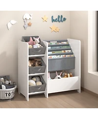 flynama 4-Tier Kids Bookshelf With 3 Collapsible Fabric Drawers Multi-Functional Toy Book Storage Organizer