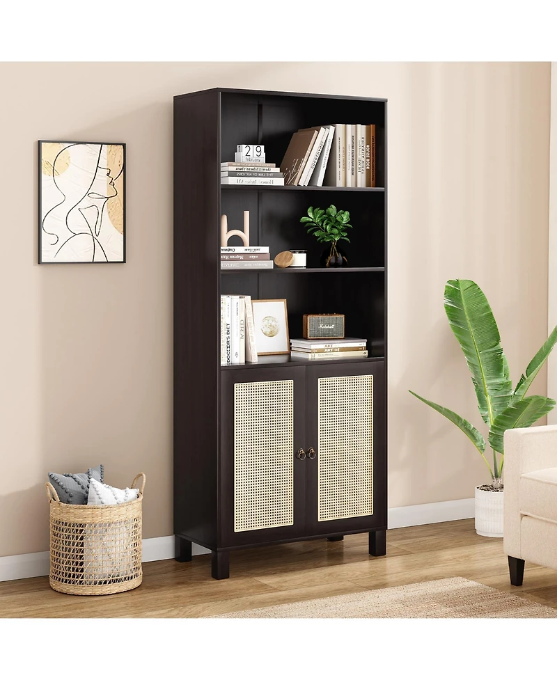 Flynama Tall 5-Tier Bookshelf with Rattan Closed Doors Large-Capacity Wooden Home Library Storage Bookcase
