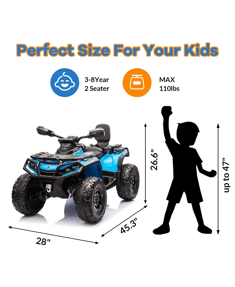 homfan 12V 2-Seater Atv Ride-On, 4-Wheeler with Led Lights, Wireless Music, Usb, Spring Suspension, Remote Control, 2 Speeds for Ages 3-8