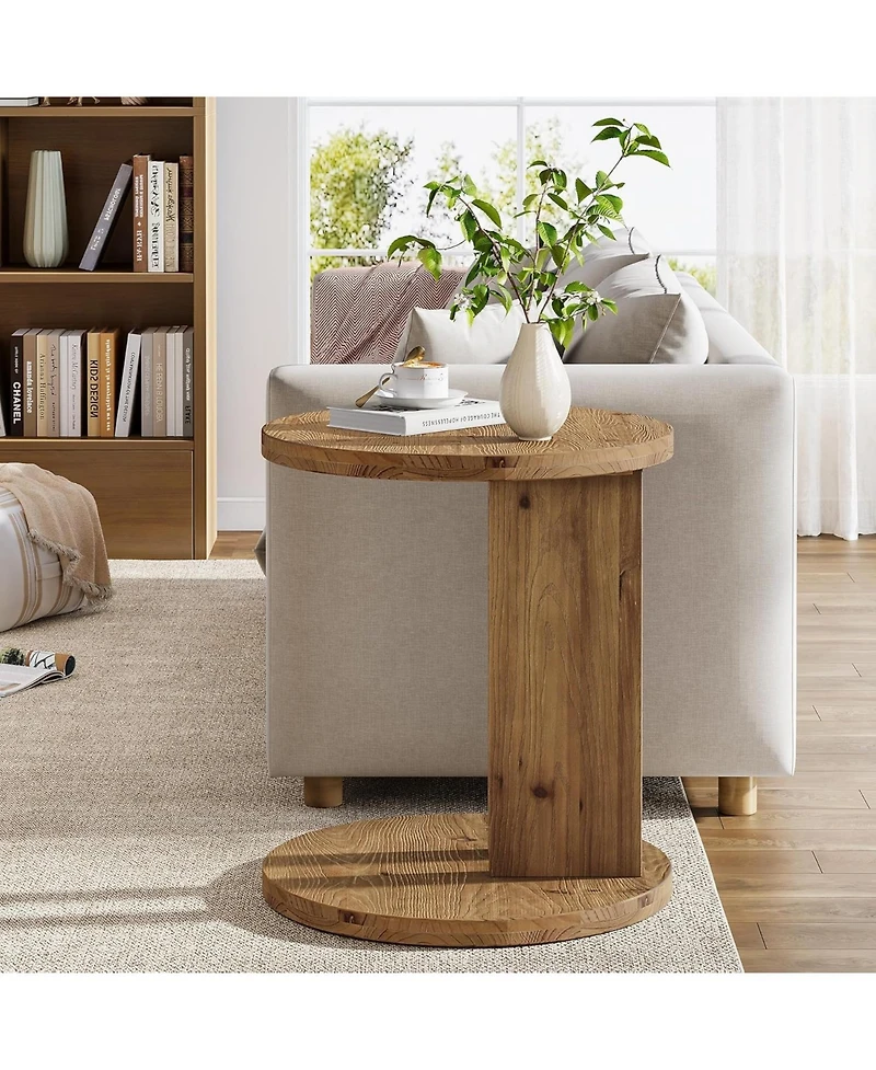 Tribesigns Solid Wood End Table, C-Shaped Round Side Table for Sofa and Bedside