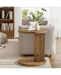 Tribesigns Solid Wood End Table, C-Shaped Round Side Table for Sofa and Bedside