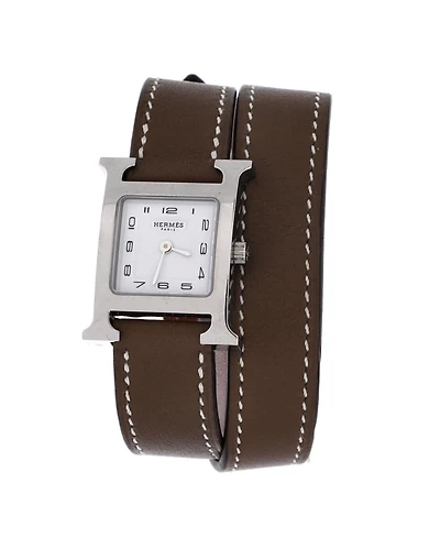 Pre-Owned HERMES Heure H Double Tour Quartz Watch in Stainless Steel and Leather 21mm
