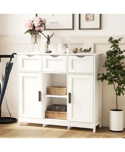 flynama Multi-Functional Wooden Storage Cabinet With 3 Drawers 2 Doors Adjustable Shelves Home Accent Cabinet