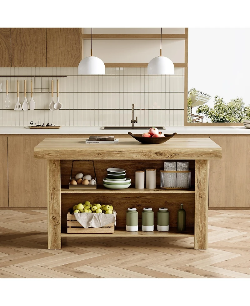 Tribesigns 3-Tier Kitchen Island with Storage, 55'' Farmhouse Wooden Stationary Table Large Worktop and Leg Room