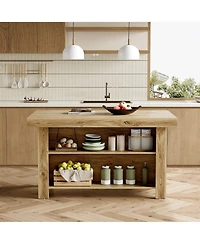 Tribesigns 3-Tier Kitchen Island with Storage, 55'' Farmhouse Wooden Stationary Table Large Worktop and Leg Room