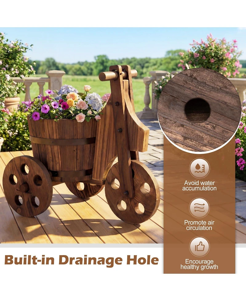 Gymax Rustic Wood Tricycle Planter with Barrel Pot and Drainage for Patio Balcony Garden
