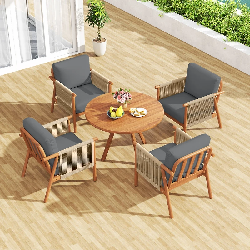 Costway Patio Acacia Wood Chair with Woven Rope Armrests and Seat Back Cushions for Backyard