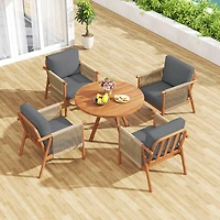 Costway Patio Acacia Wood Chair with Woven Rope Armrests and Seat Back Cushions for Backyard