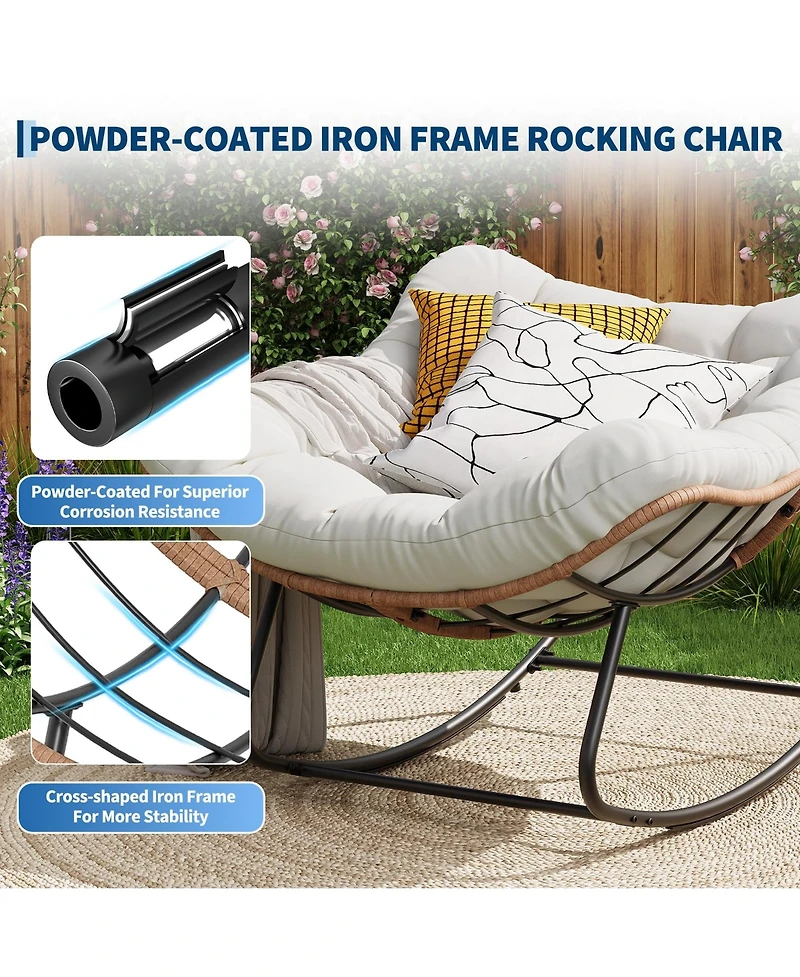 Outdoor Rocking Chair: 30degree(s) Gentle Extra-Large Papasan Chair with Cushion Metal and Pe Rattan Frame 400-pound Weight Capacity