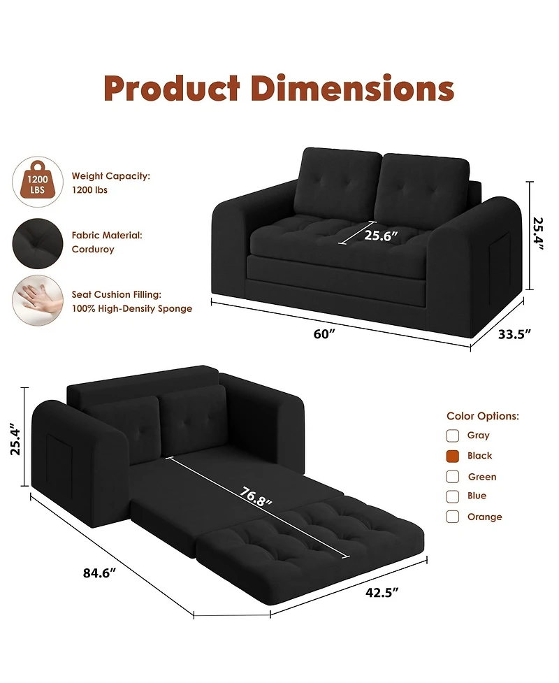 59" Corduroy Folding Sofa Bed with Round Armrests-Convertible, Back-Friendly Bed-No Assembly Required-Living Room/Bedroom Floor