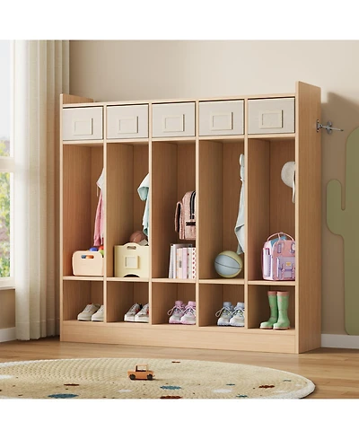 5-compartment coat locker, daycare storage cabinet fitted with 5 double hooks and 5 storage bins, ideal for home and school use