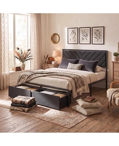 Modern Upholstered Platform Bed with 2 Storage Drawers and Built-In Power Outlet, Heavy-Duty Steel Slats, No Box Spring Needed